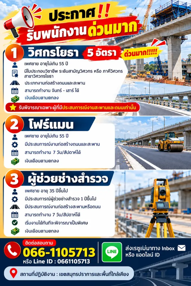 📣📣📣📣 ประกาศ ‼️ รับพนักงานด่วนมาก 📣📣📣📣 1.รับสมัคร วิศกรโยธา 5 อัตรา ด่วนมาก !!!!!! - เพศชายอายุไม่เกิน 55 ปี - มีใบประกอบวิชาชีพ ระดับสามัญวิศวกร หรือ ภาคีวิศวกร สาขาวิศวกรโยธา - ประเภทงานก่อสร