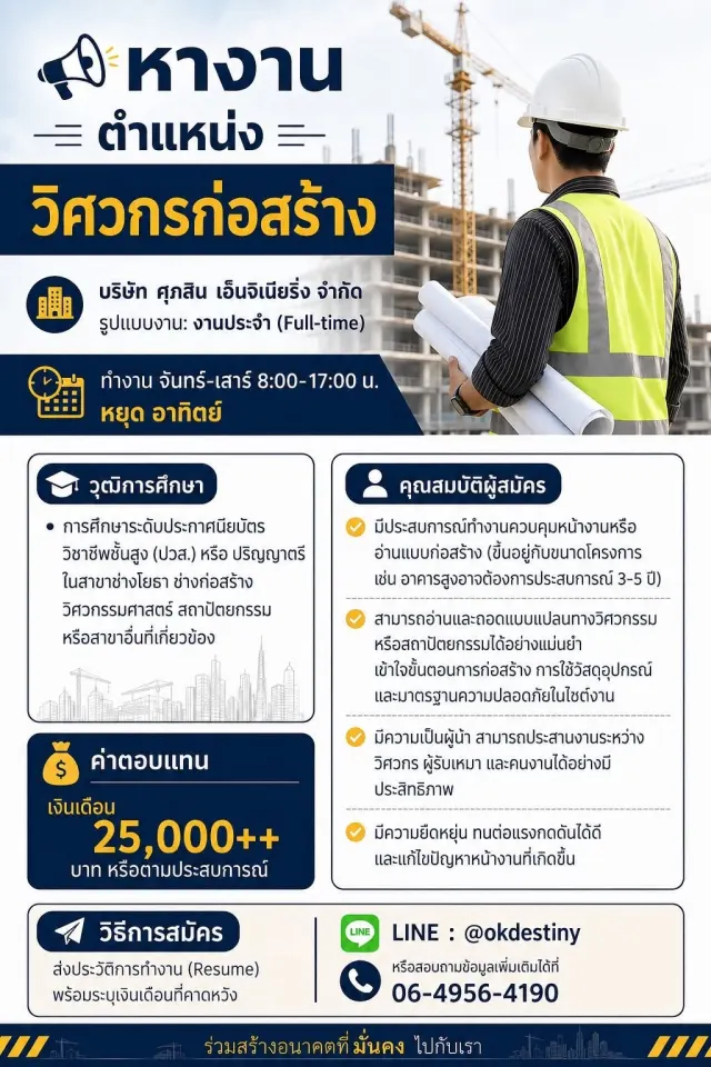 📣หางาน ตำแหน่งวิศวกรก่อสร้าง 🏢บริษัท ศุภสิน เอ็นจิเนียริ่ง จำกัด รูปแบบงาน: งานประจำ (Full-time) 📌ทำงาน จันทร์-เสาร์ 8:00-17:00น. หยุด อาทิตย์ 📌วุฒิการศึกษา •การศึกษาระดับประกาศนียบัตรวิชาชีพชั้นส