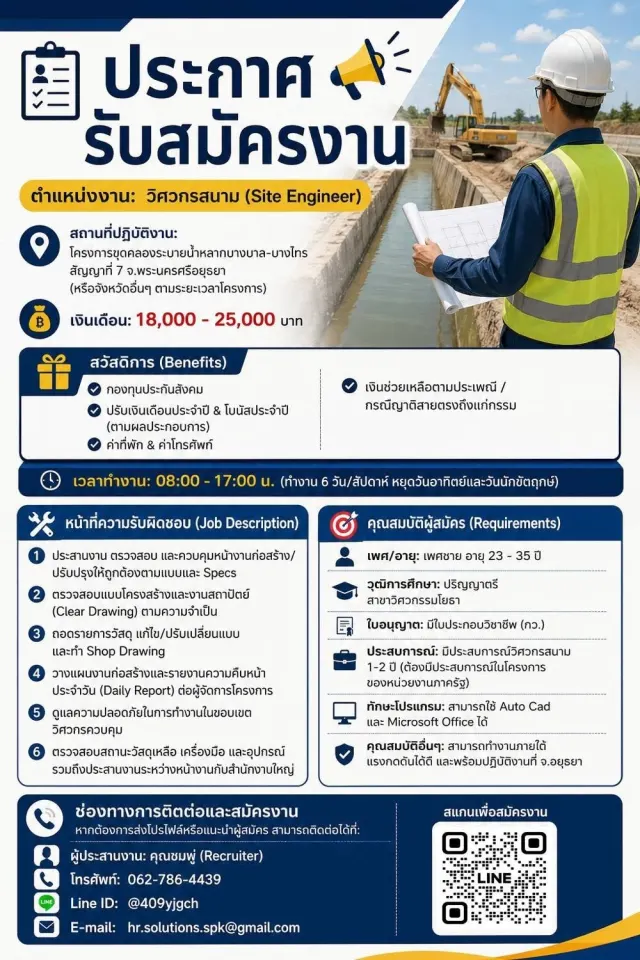 📋 ประกาศรับสมัครงาน ตำแหน่งงาน: วิศวกรสนาม (Site Engineer) 📍 สถานที่ปฏิบัติงาน โครงการขุดคลองระบายน้ำหลากบางบาล-บางไทร สัญญาที่ 7 จ.พระนครศรีอยุธยา (หรือจังหวัดอื่นๆ ตามระยะเวลาโครงการ) 💰 เงินเดือน