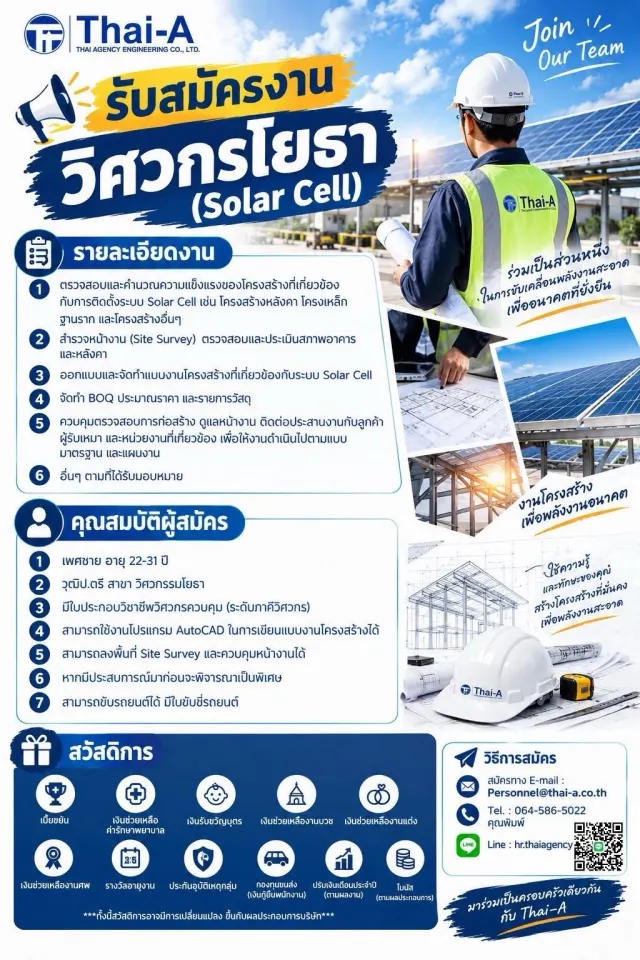 บริษัท ไทยเอเย่นซี เอ็นยีเนียริ่ง จำกัด เปิดรับสมัครวิศวกรโยธา (ดูงาน Solar cell) 1 อัตรา ทำงานที่ อาคารวรสิน แขวงจอมพล เขตจตุจักร กทม. ทำงานจันทร์-ศุกร์ 8.00-17.00 น. สอบถาม แอดไลน์/โทร 0645865022 คุ
