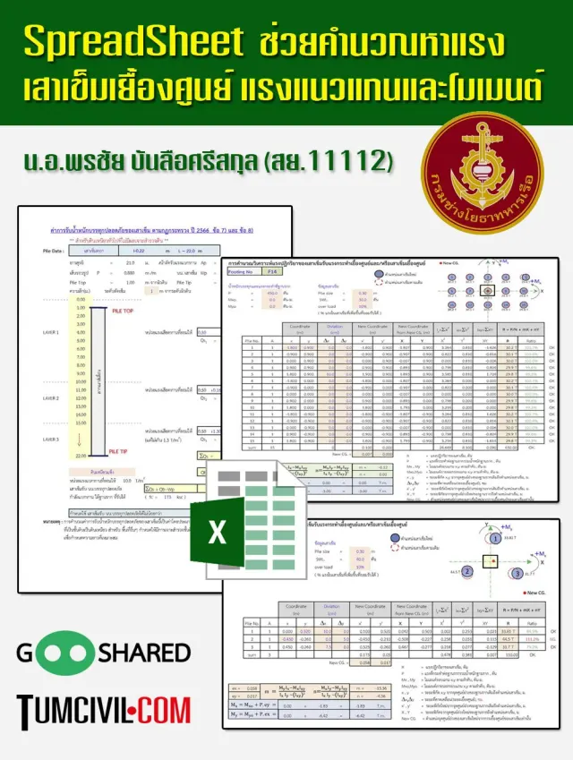 ช่วยคำนวณหาแรง เสาเข็มเยื้องศูนย์ แรงแนวแกนและโมเมนต์ (น.อ.พรชัย บันลือศรีสกุล)