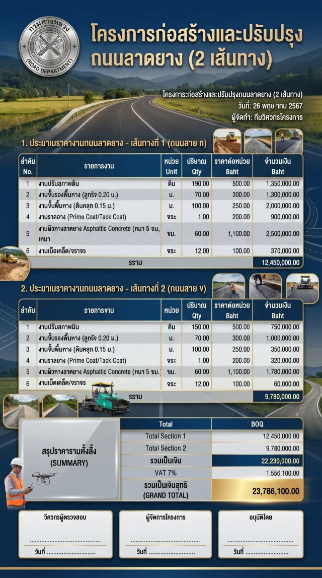 ประมาณราคางานถนนลาดยาง + ถนนลาดยาง